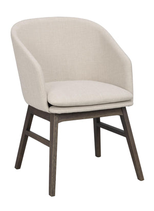 Beige stol med träben i mörkbrun ek, moderna rundade former och stoppad sits för matsal eller vardagsrum