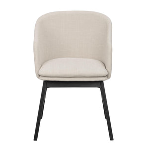 Beige stoppad stol med svarta träben, frontvy mot vit bakgrund