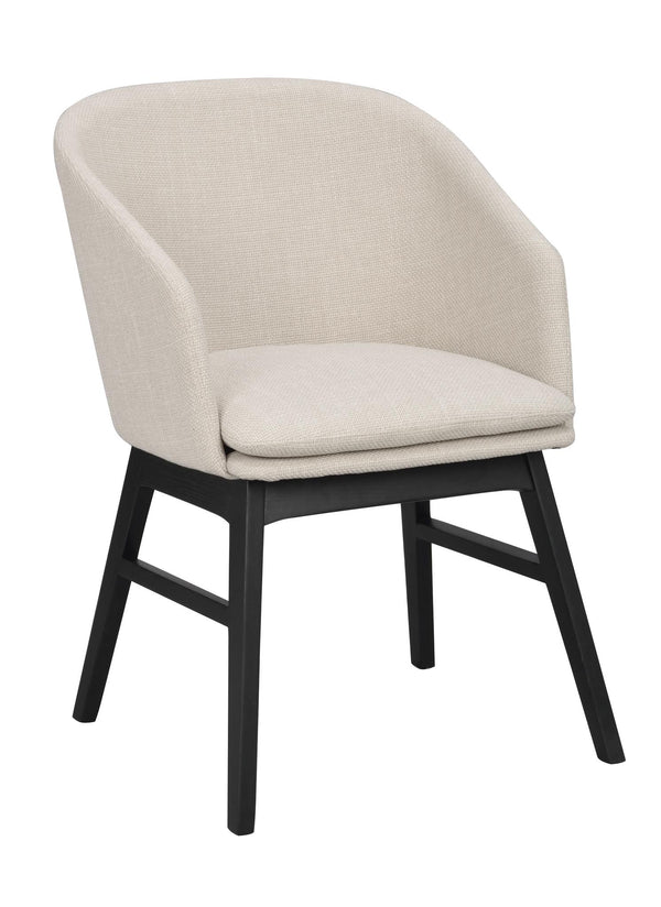 Karmstol med beige klädsel och svarta ben i trä, modern design med rundad rygg