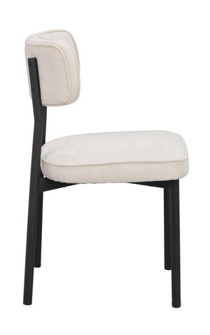 Stol med cremevit stoppad sits och ryggstöd, svarta träben, sidovy mot vit bakgrund