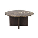 Runt soffbord med mörkbrun marmor-skiva och korsformad träfot i mörkbrun ek