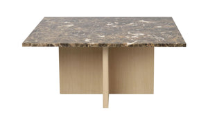 Soffbord med brun marmorskiva och guldfarade korsformade metallben i modern design