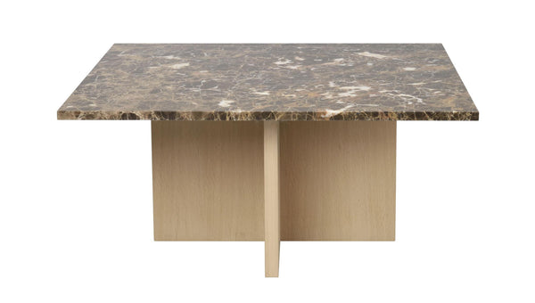 Soffbord med brun marmorskiva och guldfarade korsformade metallben i modern design