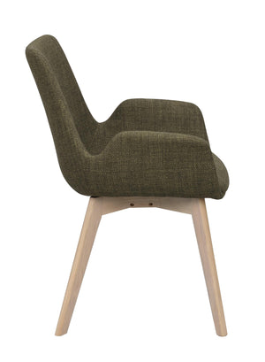 Grön stol med träben i ljust trä, sidovy som visar stoppad sits och rygg med modern design