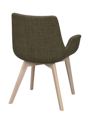 Grön matstol med armstöd och ljusa träben, bakifrån sedd mot vit bakgrund