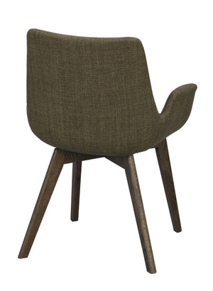 Grön stoppad stol med armstöd och mörka träben, sedd bakifrån