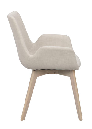 Beige stol med träben i ljust trä, sidovy som visar stoppad rygg och sits med modern design