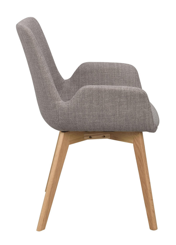 Grå stol med träben i ek, sidovy av modern matstol med stoppad sits och rygg