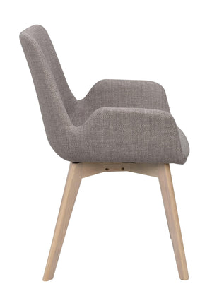 Grå stol med träben i ljust trä, sidovy som visar stoppade armstöd och ergonomisk rygg