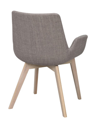 Grå matstol med armstöd och ljusa träben, sedd bakifrån