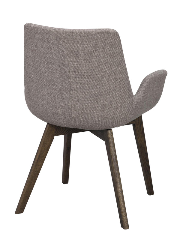 Grå matstol med armstöd och mörka träben, sedd bakifrån