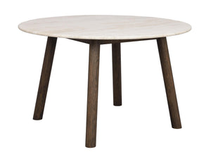 Runt soffbord med vit marmorskiva och mörkbruna träben i modern skandinavisk design