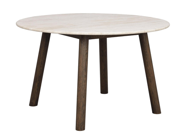 Runt soffbord med vit marmorskiva och mörkbruna träben i modern skandinavisk design