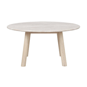 Runt soffbord i ljust trä med tre ben och naturlig trästruktur
