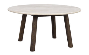 Runt soffbord med ljus marmortoppskiva och mörkbruna träben i modern skandinavisk design