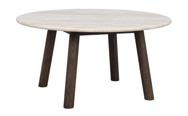 Runt soffbord med ljus marmortoppskiva och mörkbruna träben i modern skandinavisk design