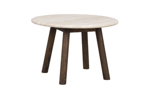 Runt soffbord med ljus marmorskiva och mörkbruna träben i modern skandinavisk design