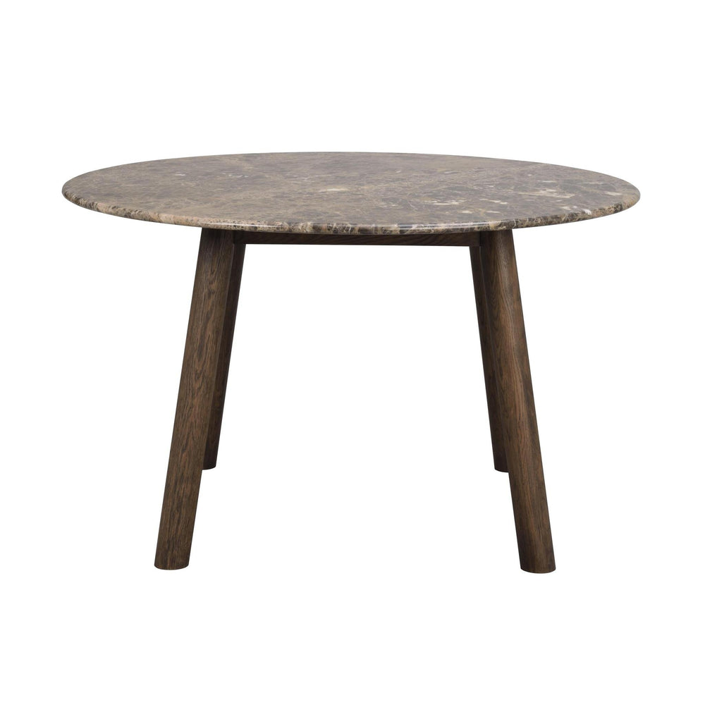 Runt matbord med grå marmor skiva och mörkbruna träben i modern skandinavisk design #Brunmarmor