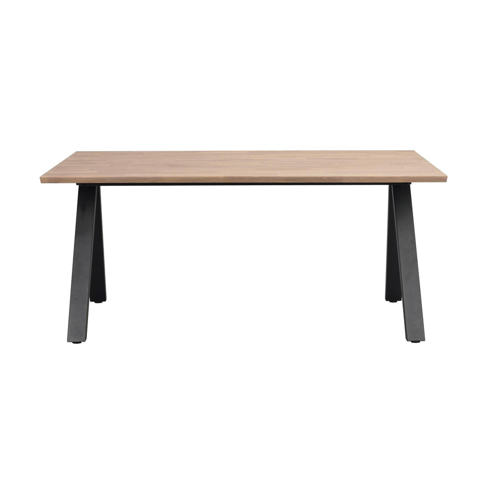 Matbord med ljus träskiva och svarta metallben i A-form, modern skandinavisk design
