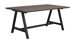 Matbord med grå träskiva och svarta metallben i A-formad design, modern industriell stil