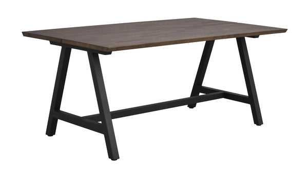 Matbord med grå träskiva och svarta metallben i A-formad design, modern industriell stil