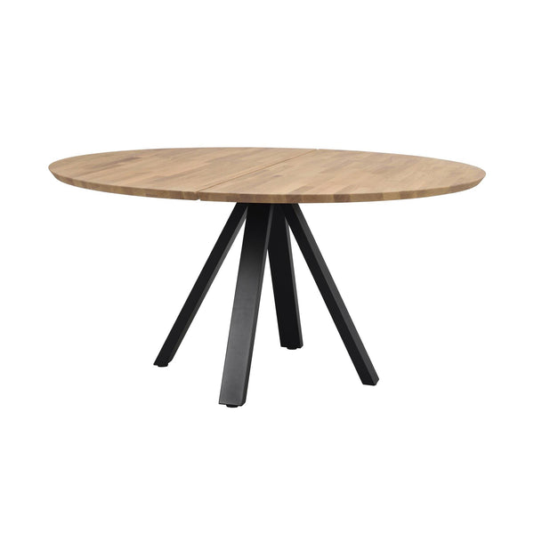 Runt matbord med ljust trä och svarta metallben i spindeldesign, utdragbart med synlig skena