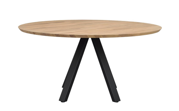 Runt matbord med ljus träskiva och svarta A-formade metallben i modern design