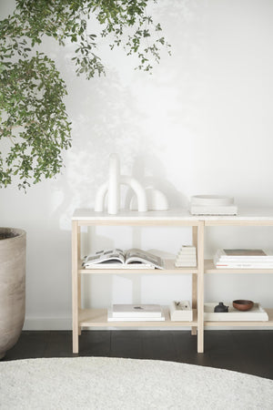 Ljus trähylla med böcker och dekorationer mot vit vägg med grön växt ovanför