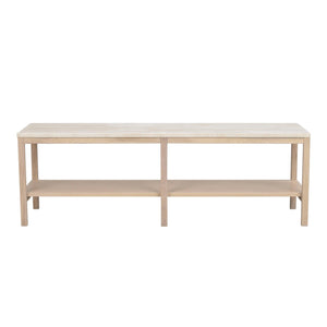 Ljust trä soffbord med hylla i minimalistisk design, rektangulär form med fyra ben