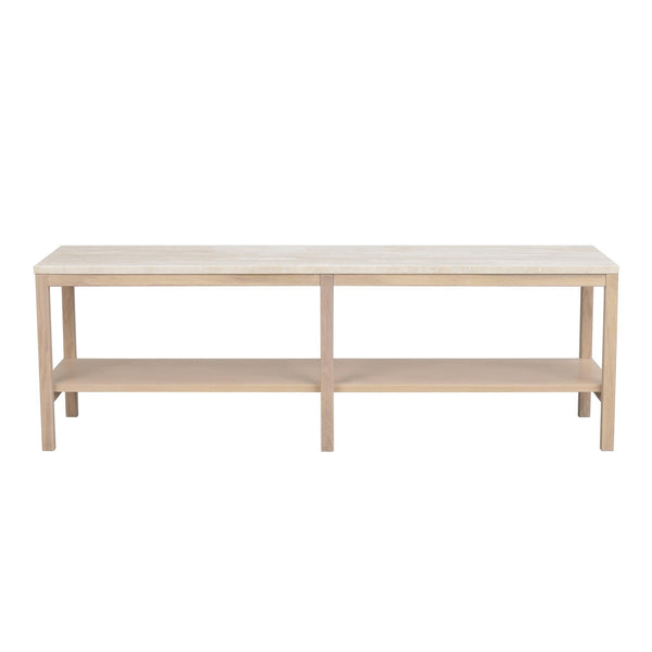 Ljust trä soffbord med hylla i minimalistisk design, rektangulär form med fyra ben