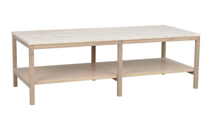 Soffbord i ljust trä med hylla, rektangulärt skandinaviskt design med två nivåer för förvaring