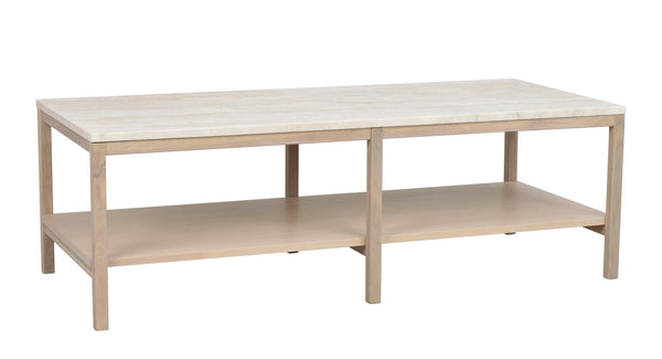 Soffbord i ljust trä med hylla, rektangulärt skandinaviskt design med två nivåer för förvaring