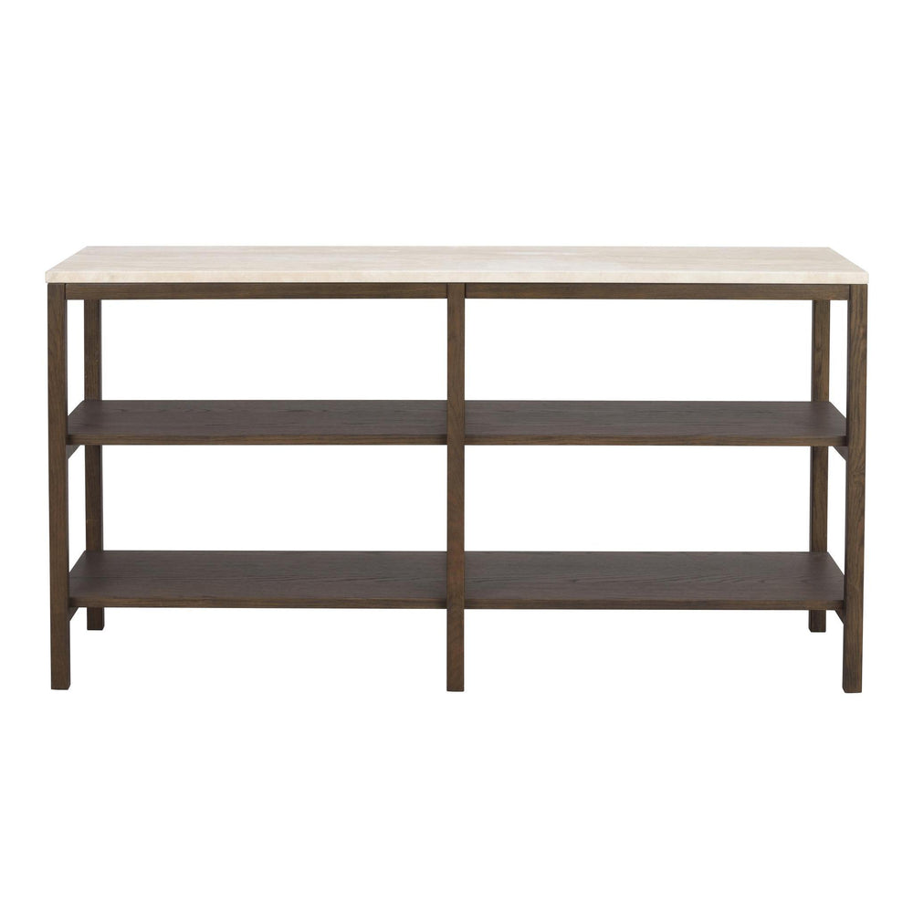 Hylla i mörkt trä med tre nivåer och ljus trätopp, öppen förvaring i modern design