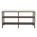 Hylla i mörkt trä med tre nivåer och ljus trätopp, öppen förvaring i modern design