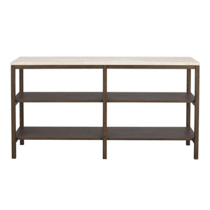 Hylla i mörkt trä med tre nivåer och ljus trätopp, öppen förvaring i modern design