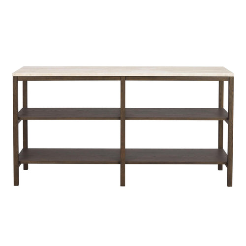 Hylla i mörkt trä med tre nivåer och ljus trätopp, öppen förvaring i modern design