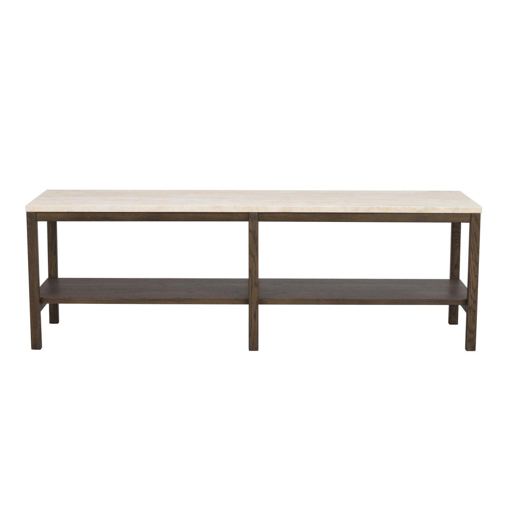 Soffbord med vit marmorskiva och mörkt träunderrede med hylla i två sektioner