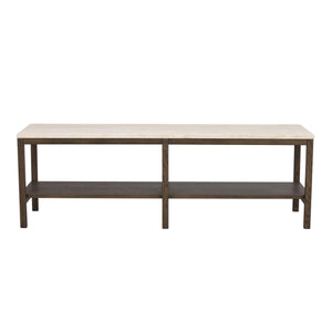 Soffbord med vit marmorskiva och mörkt träunderrede med hylla i två sektioner