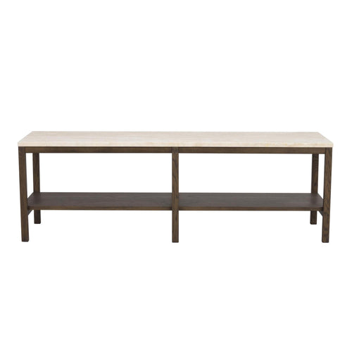 Soffbord med vit marmorskiva och mörkt träunderrede med hylla i två sektioner