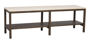 Soffbord med ljus marmortop och mörk träram, hylla undertill för förvaring