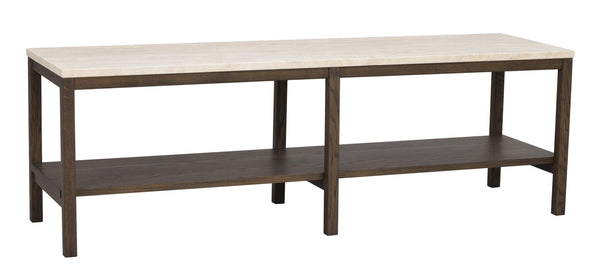 Soffbord med ljus marmortop och mörk träram, hylla undertill för förvaring