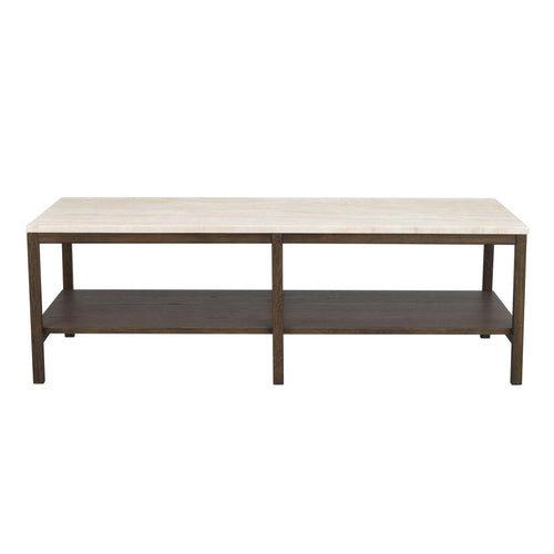 Soffbord med två hyllplan i ljust och mörkt trä med modern design och raka ben