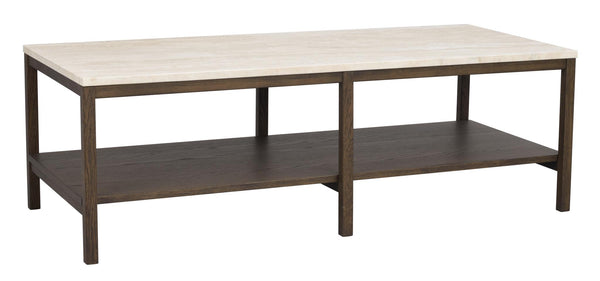 Soffbord med ljus träskiva och mörkt underrede med förvaringshylla