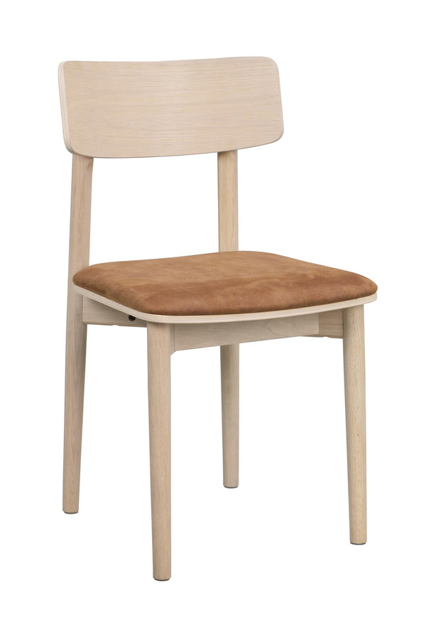 Stol i ljust trä med stoppad sits i brunt tyg och träryggstöd, skandinavisk design