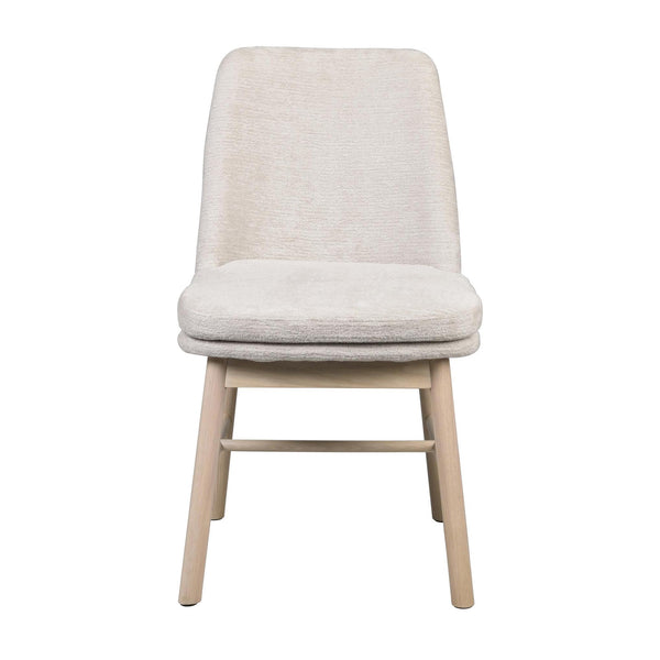 Beige stoppad stol med träben i ljust trä, modern skandinavisk design för matsal eller kök