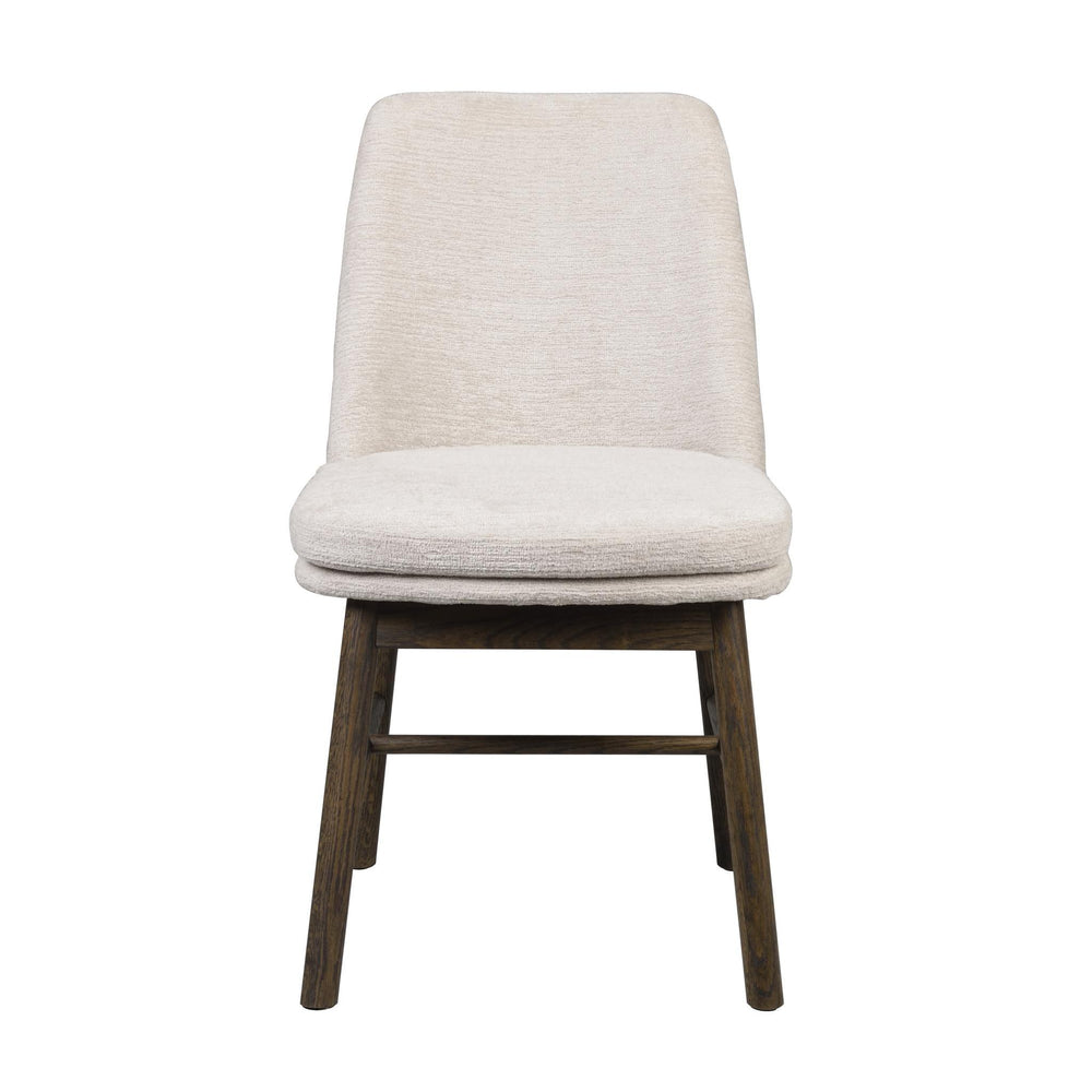 Vit stoppad matstol med träben i mörkbrun finish, framifrån fotograferad mot vit bakgrund