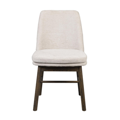 Vit stoppad matstol med träben i mörkbrun finish, framifrån fotograferad mot vit bakgrund