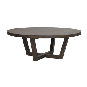 Runt soffbord i mörkbrun ek med korsformat underrede och modern design