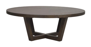 Runt soffbord i mörkbrun trä med korsformad fotställning och modern design