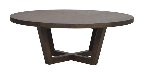 Runt soffbord i mörkbrun trä med korsformad fotställning och modern design